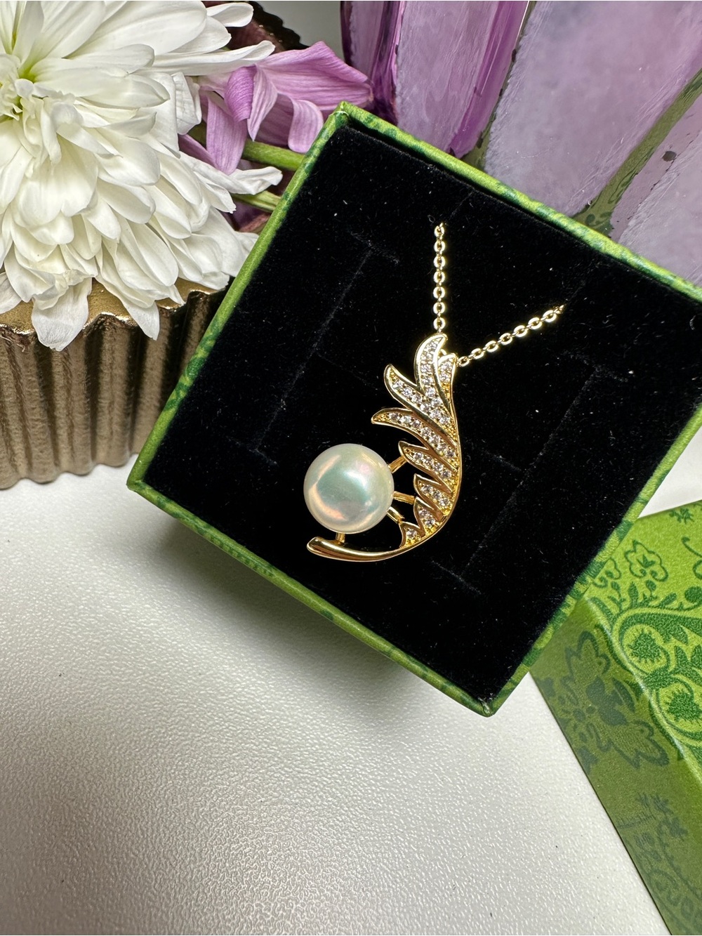 Gold Pearl Leaf Pendant Gold Plated Necklace